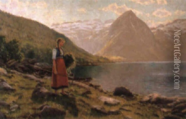 Harvesting Along The Fjord Oil Painting - Hans Dahl