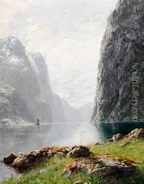 View Of A Norwegian Fjord With A Sailing Ship Between Tall Cliffs Oil Painting - Hans Andreas Dahl