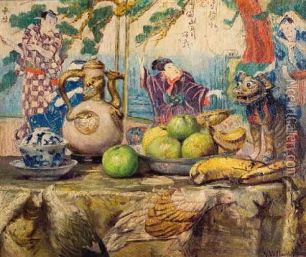 Nature Morte Aux Objets Japonais Oil Painting - Valentine Willaert-Fontan