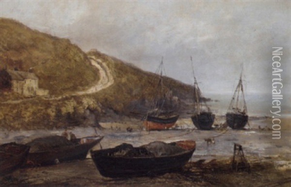 Ships On The Shore At Low Tide, Sark Oil Painting - John Holland Jr.
