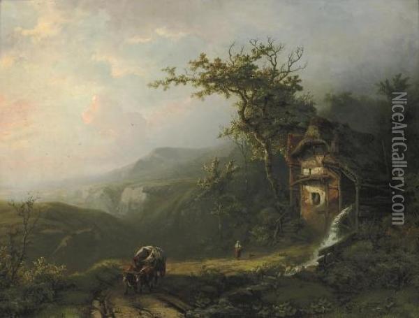 A Watermill Above An Extensive Valley Oil Painting - Alexander Joseph Daiwaille