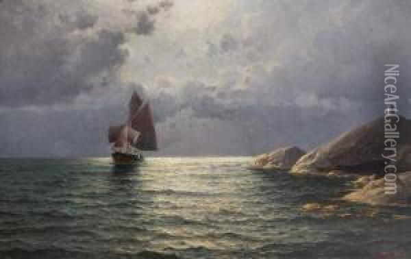 Sailing Ship By The Shore Oil Painting - Lars Laurits Larsen Haaland