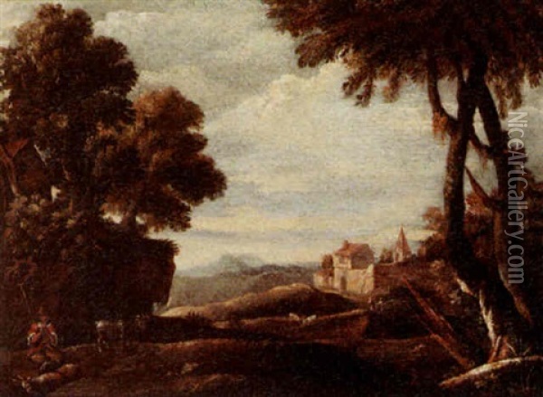 An Italianate Landscape With A Shepherd And His Flock Oil Painting - Giovanni Francesco Grimaldi