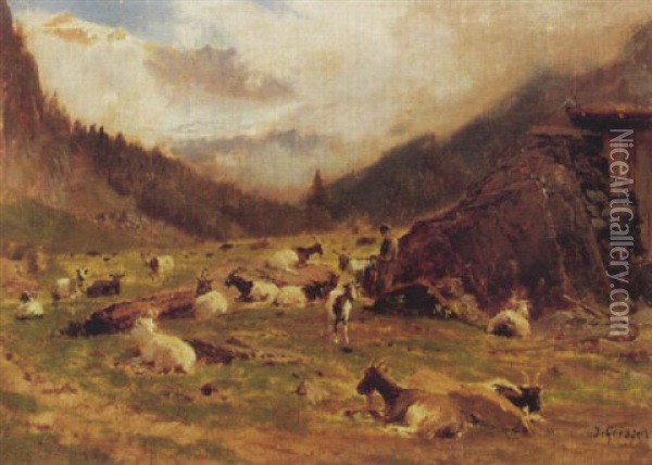 Ruhende Ziegenherde Auf Einer Alp Oil Painting - Johann-Joseph Geisser