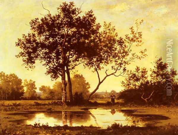 Figure beside a Pool in a wooded Landscape Oil Painting - Leon Richet
