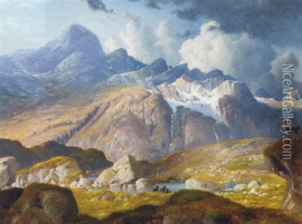 Deer In A Mountainous Landscape Oil Painting - Heinrich Buerkel