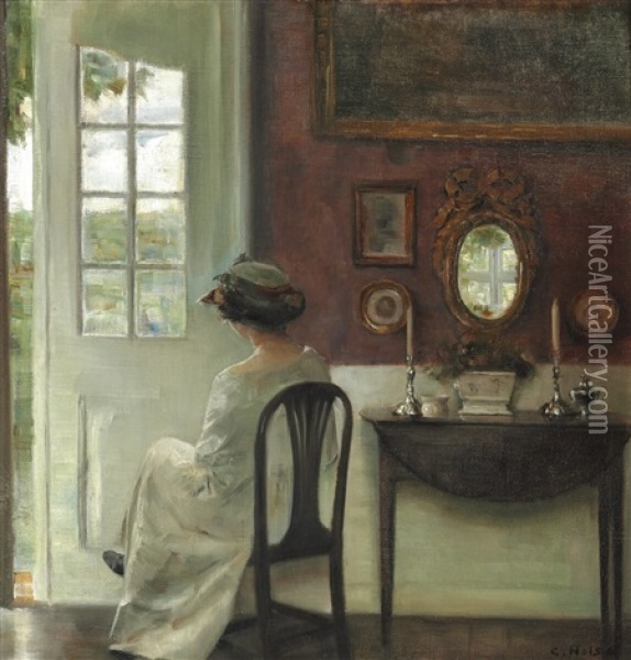 Interior With A Young Woman Sitting Next To The Garden Door Oil Painting - Carl Vilhelm Holsoe