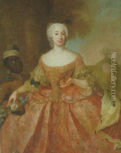 Portrait Of Princess Sophie Friedrich Albertine Of Anhalt, Holding A Basket Of Flowers, A Moor Beside Oil Painting - Ludovica Matthieu