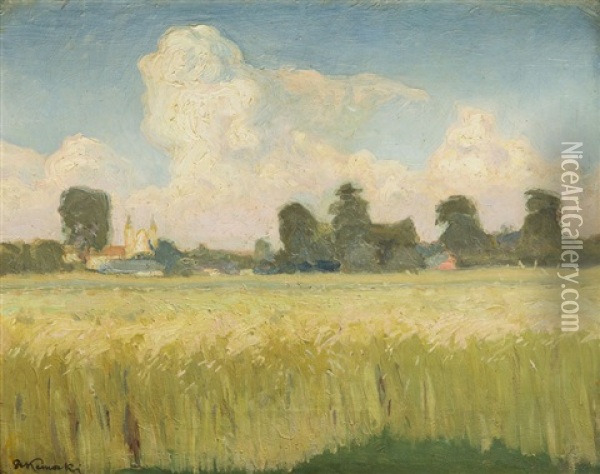 Landscape With Standing Corn Oil Painting - Stanislaw Kamocki