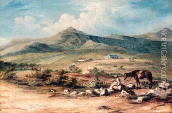 The Artist And His Mount Overlooking A Valley In The Eastern Cape, With A Wagon Train Passing A Farm Below Oil Painting - John Thomas Baines