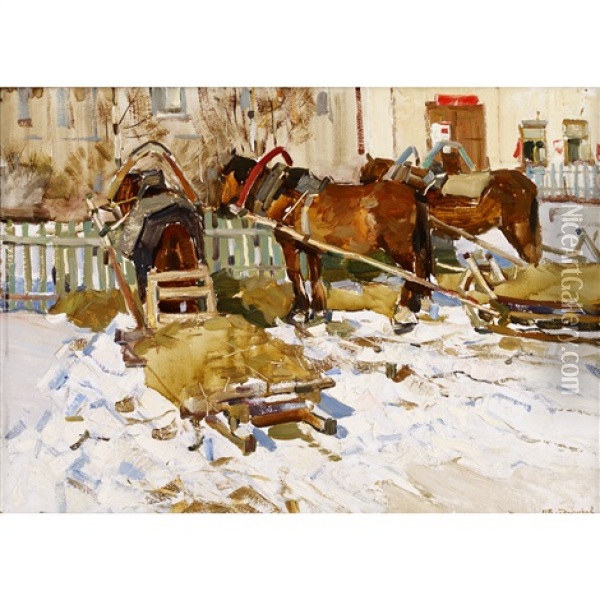 Horsecarts In Winter Oil Painting - Ivan Alekseevich Vladimirov