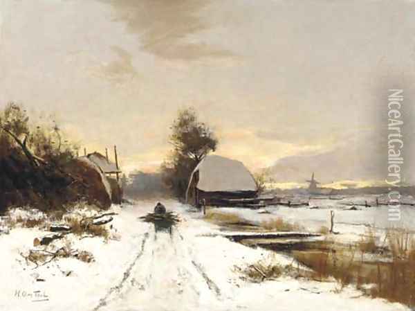 Winter a woodgatherer on a snow covered path at dusk Oil Painting - Hendrik Otto Van Thol