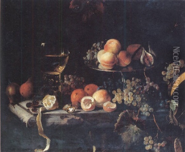 Still Life Of Peaches, Grapes And Figs With A Roemer And A Peeled Lemon, All On A Marble Table Oil Painting - Barend van der Meer