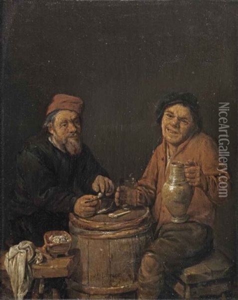 Two Peasants Smoking And Drinking Oil Painting - Abraham Diepraam