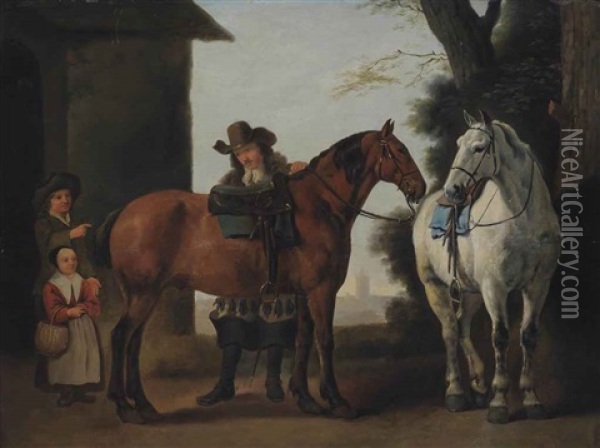 A Man Saddling Horses Watched By Two Children Oil Painting - Abraham Van Calraet