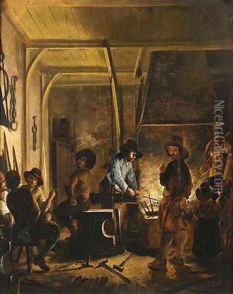 A blacksmith at work Oil Painting - Gerrit Lundens