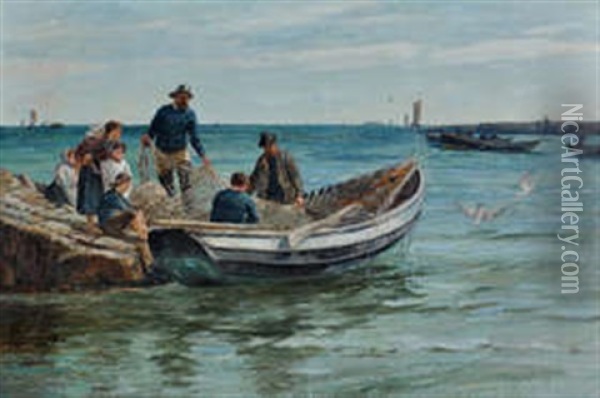 Mending The Nets Oil Painting - Robert Jobling