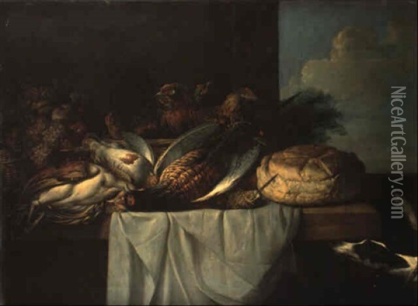 Nature Morte De Gibier, Corbeille De Fruits Et Miche De Pain... Oil Painting - Peter van Boeckel