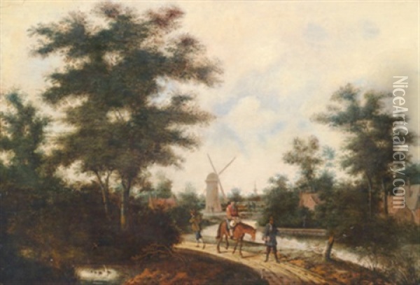 Bewaldete Landschaft Mit Wanderern Und Einer Windmuhle Oil Painting - Jacob Salomonsz van Ruysdael