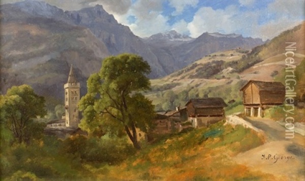 Walliser Landschaft Mit Der Kirche Von Leuk Oil Painting - Jean Philippe George-Julliard