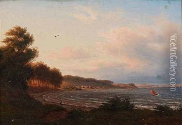 Coastal Scene From Rungsted With Kronborg In The Background Oil Painting - Frederik Christian Jacobsen Kiaerskou