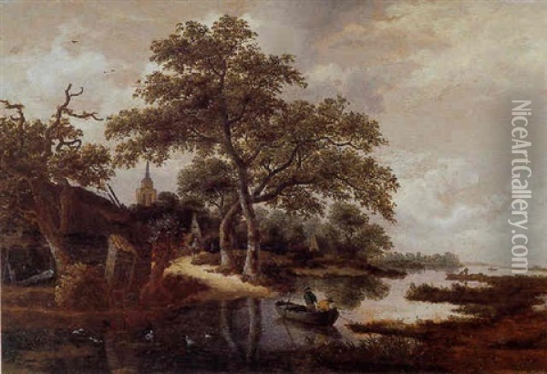 A Wooded River Landscape With Fishermen In A Rowing Boat By A Village Oil Painting - Meindert Hobbema
