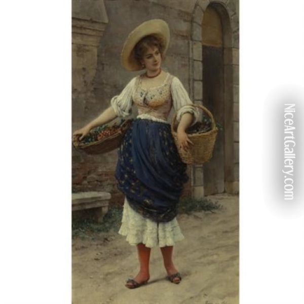 Young Beauty With Fruit Basket Oil Painting - Eugen von Blaas