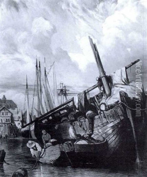 Franzosischer Seehafen Mit Machtiger Kathedrale Im          Hindergrund Oil Painting - Louis-Gabriel-Eugene Isabey