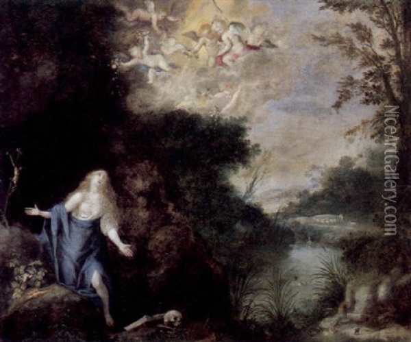 Flusslandschaft Mit Der Heiligen Magdalena Und Schwebenden Engeln Oil Painting - Thomas Francken