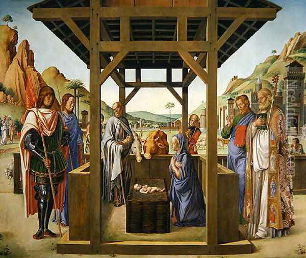 Nativity Scene with Saints James, Eustacius, Nicholas and Mark Oil Painting - Lazzaro Bastiani