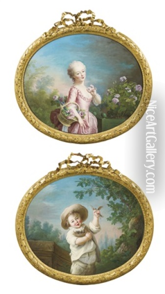 Mademoiselle Betzy Cueillant Des Roses Et Un Enfant Tenant Un Nid D'oiseau (pair) Oil Painting - Francois Hubert Drouais