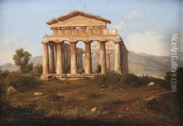 The Temple Of Athena At Paestum Oil Painting - Anton Sminck Pitloo