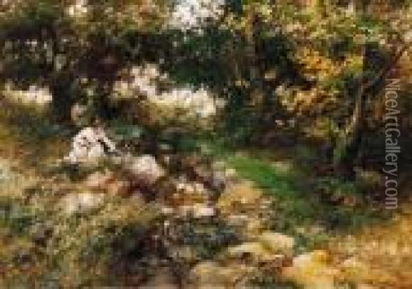 Girls, Picking Flowers By The Brook Oil Painting - Antal Neogrady