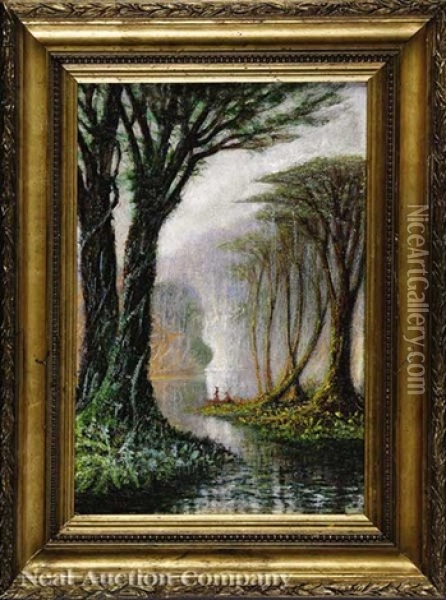 Early Morning On The Bayou Among The Cypress Trees Oil Painting - John Antrobus