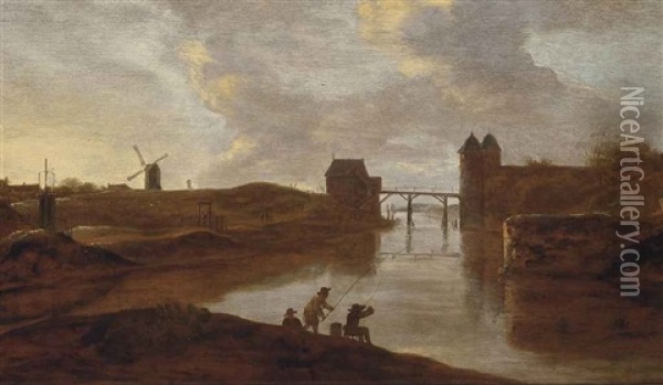 A River Landscape With Anglers On The Shore, A Bridge Beyond Oil Painting - Frans de Hulst