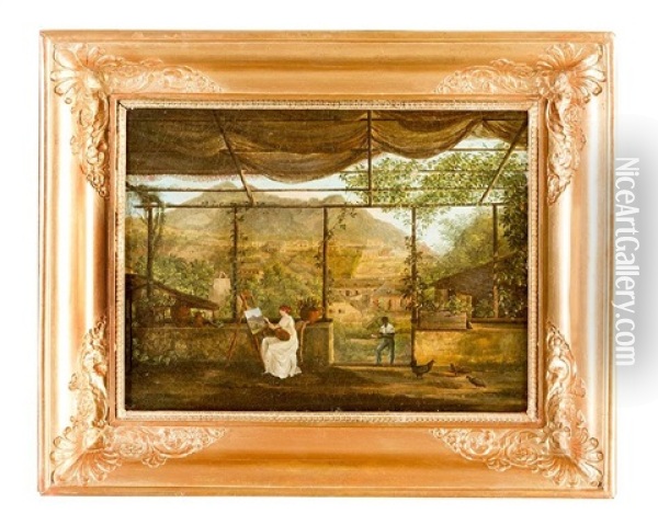 Brazilian Landscape With Lady Sitting By Easel Painting, A Servant, Under A Pergola, With View To A Village In Landscape Oil Painting - Jean-Baptiste Debret