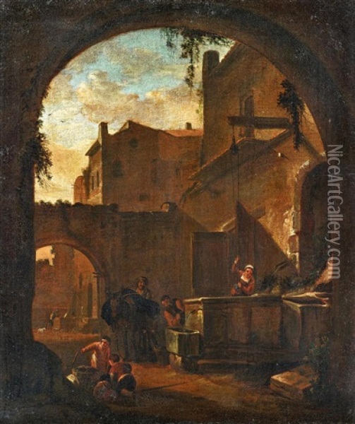 Dorfbrunnen Mit Italienischem Landvolk Oil Painting - Thomas Wijck