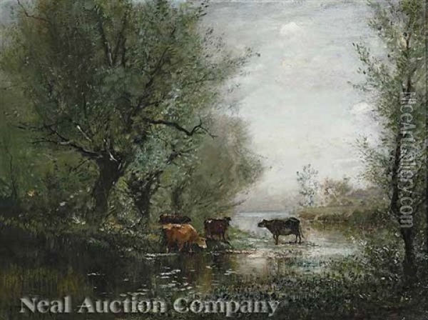 Cattle At A Woodland Pond Oil Painting - Arthur Parton