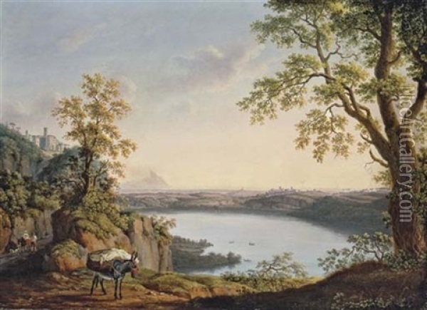Lake Nemi From The North, With The Town Of Nemi And Town Of Genzano Beyond, With A Donkey And Travellers On A Path In The Foreground Oil Painting - Jacob Philipp Hackert