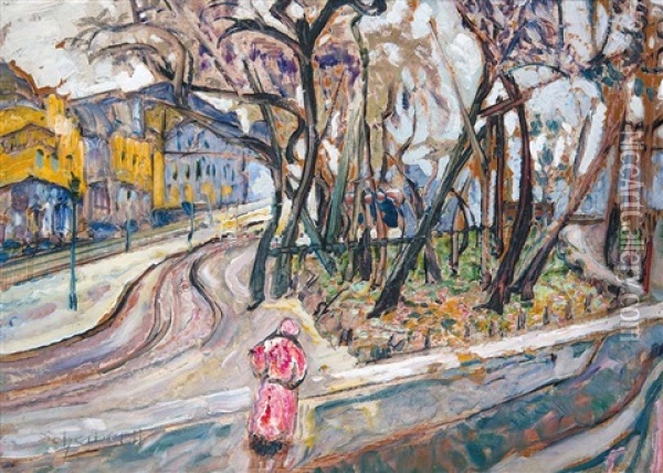 City Park With A Figure Oil Painting - Hugo Scheiber
