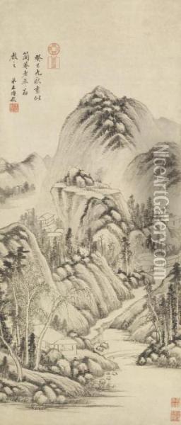 Reading In The Autumn Mountain Oil Painting - Wang Shimin