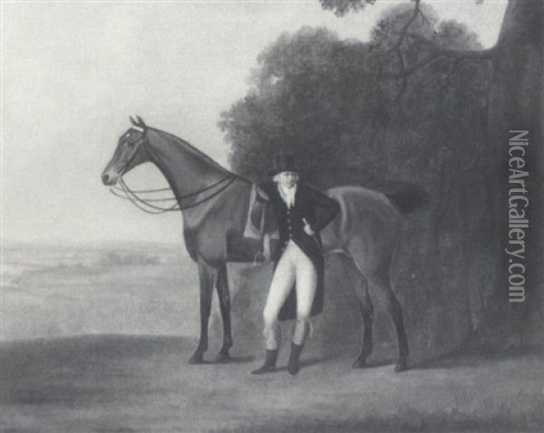 Portrait Of A Man Said To Be Colonel Thornton With His      Favorite Hunter In A Landscape Oil Painting - Thomas Gooch