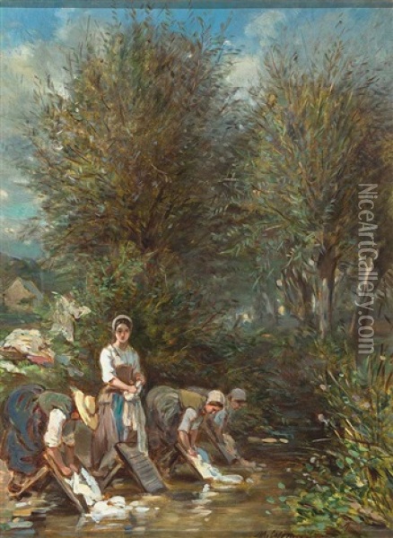 Junge Wascherinnen An Einem Von Weidenbaumen Gesaumten Bachlauf An Einem Heisen Sommertag Oil Painting - Herman Maurice Cossmann