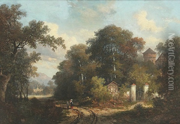 Waldweg Bei Einem Anwesen, Im Hintergrund Eine Kirche An Einem Gewasser Oil Painting - Hermann Bennekenstein