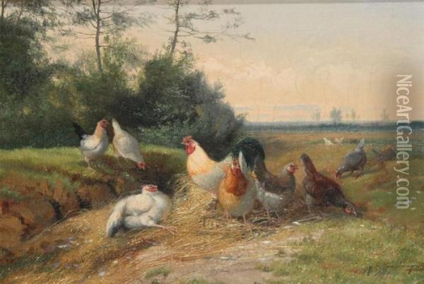 Chickens At The Field Oil Painting - Jef Louis Van Leemputten