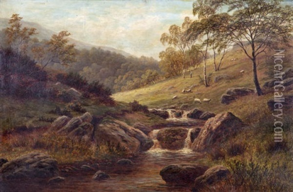 River Landscape With Sheep Grazing Oil Painting - William Mellor