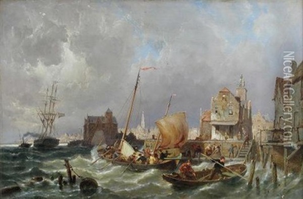 A View Of Amsterdam From The Isslemeer, With Shipping In The Foreground Oil Painting - Pieter Cornelis Dommershuijzen