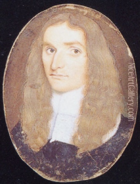 A Gentleman, In Black Robes And White Lace Jabot, Long Brown Hair Oil Painting - Thomas Flatman