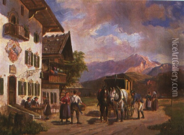 Die Postkutsche Vor Dem Wirtshaus Oil Painting - Ludwig Mueller-Cornelius