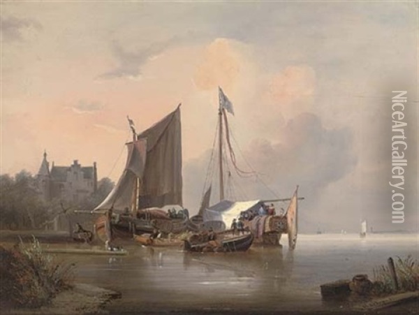 Ceremonial Barges Moored On A Dutch Waterway Oil Painting - Wijnand Jan Joseph Nuyen